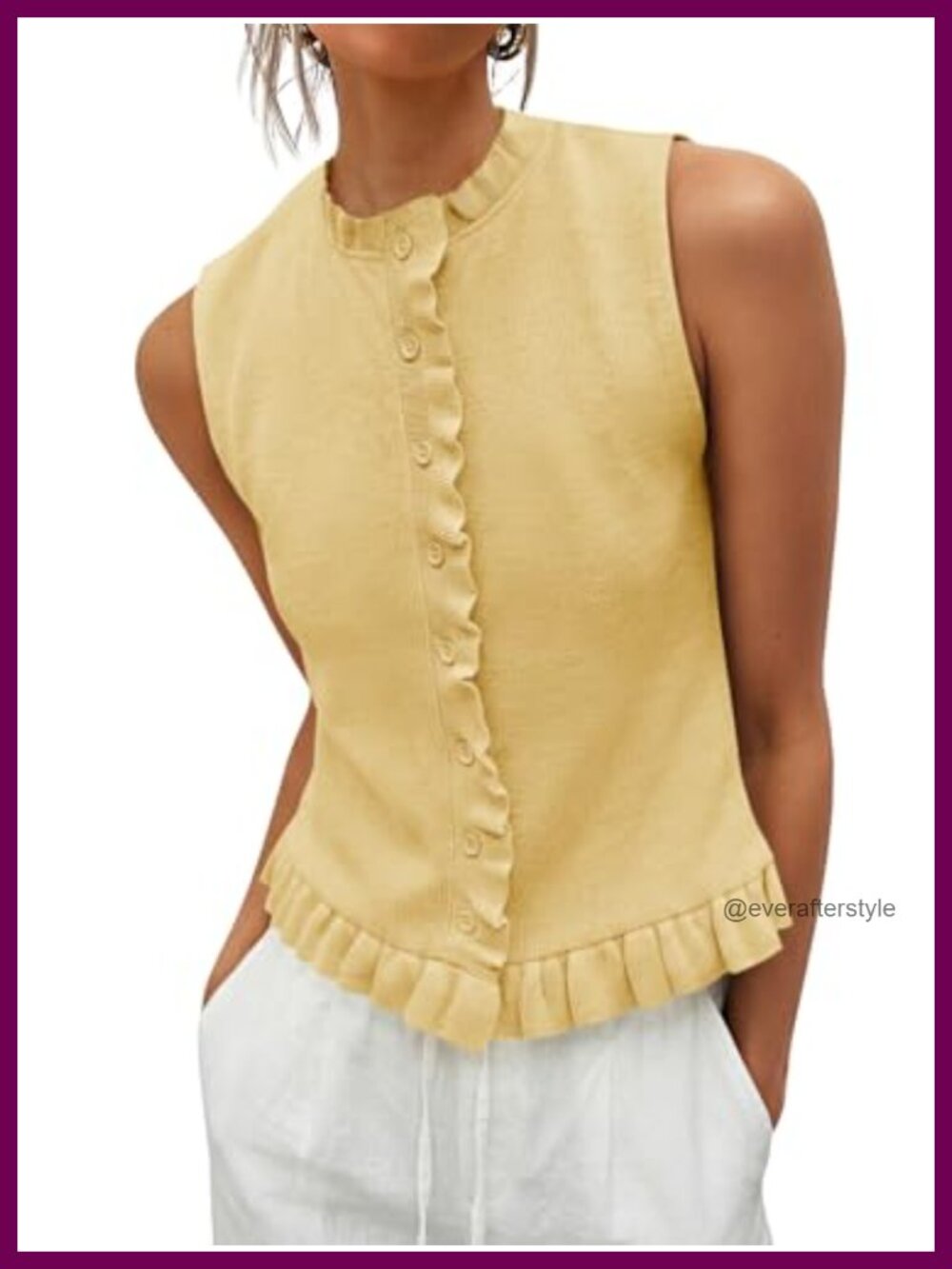 Ribbed Knit Sleeveless Button Down Ruffle Tank Top Sweater Vest Women